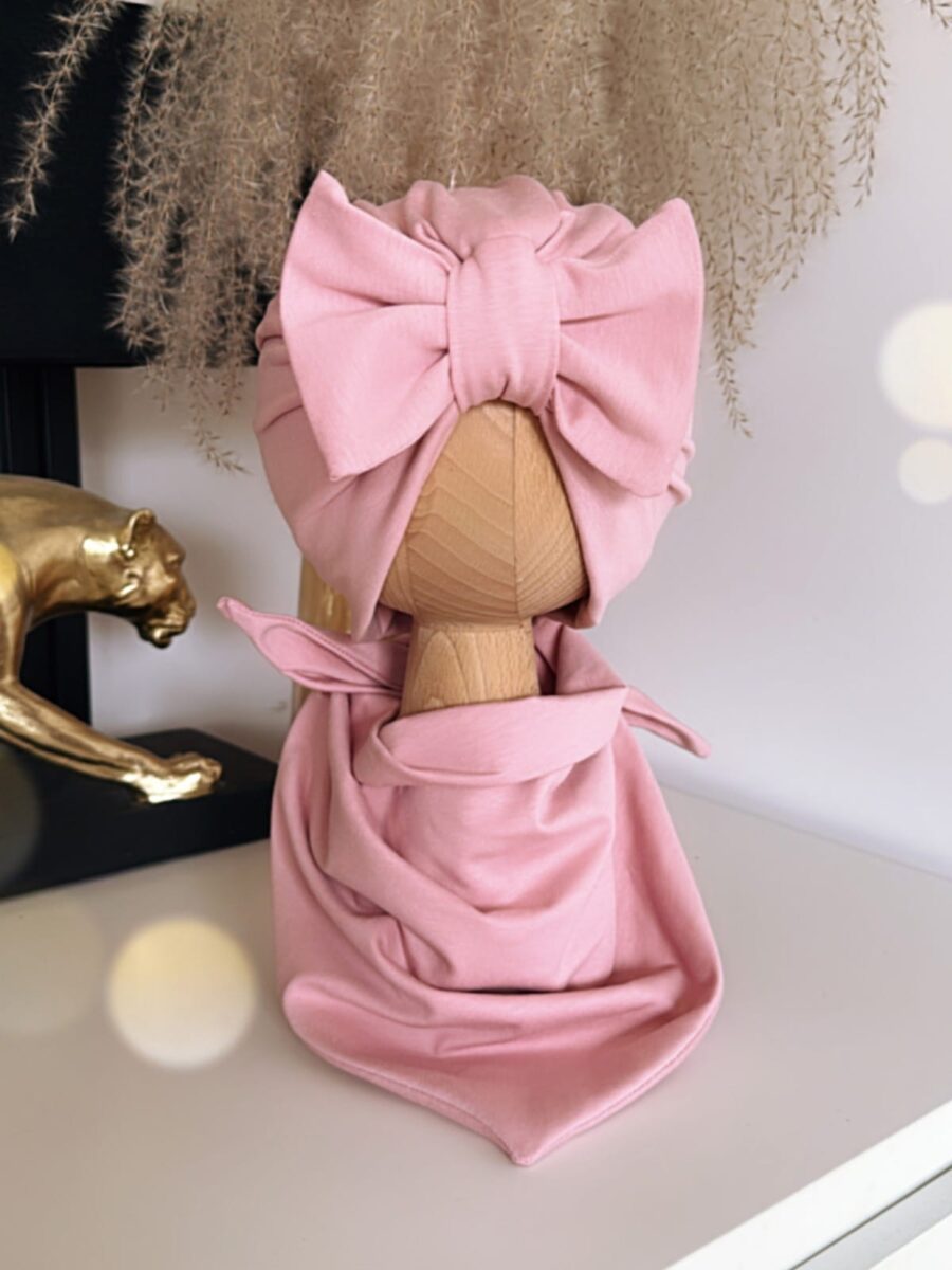 Komplet turban z kokardą i chusta (pudrowy róż)