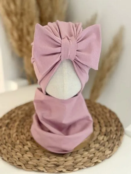 Komplet turban z kokardą i komin (pudrowy róż)