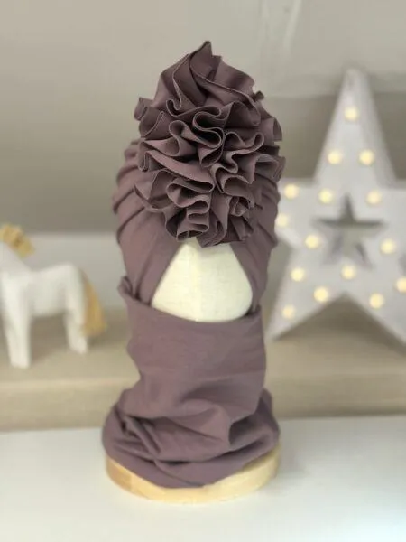 Komplet turban z falbaną i komin (śliwkowy)