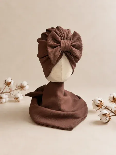 Komplet turban z kokardą i chusta (czekolada prążek)