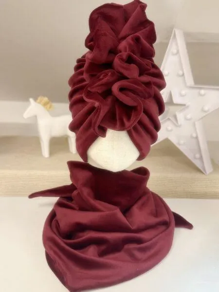 Komplet welurowy turban z falbaną i chusta (bordo)