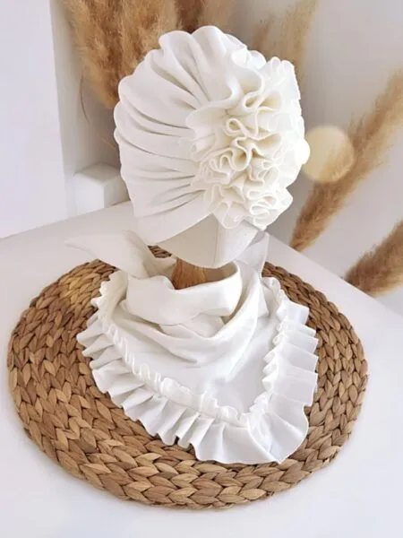 Komplet turban z falbaną i chusta z falbaną (śmietankowy)