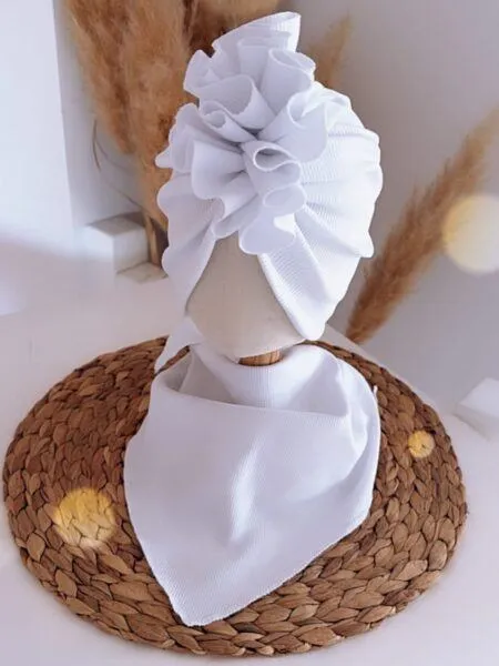 Komplet prążek turban z falbaną i chusta (biały)