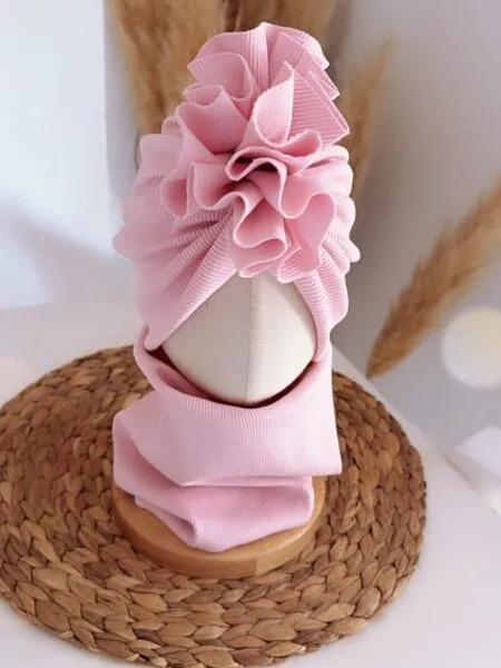 Komplet prążek turban z falbaną i komin (jasny róż)