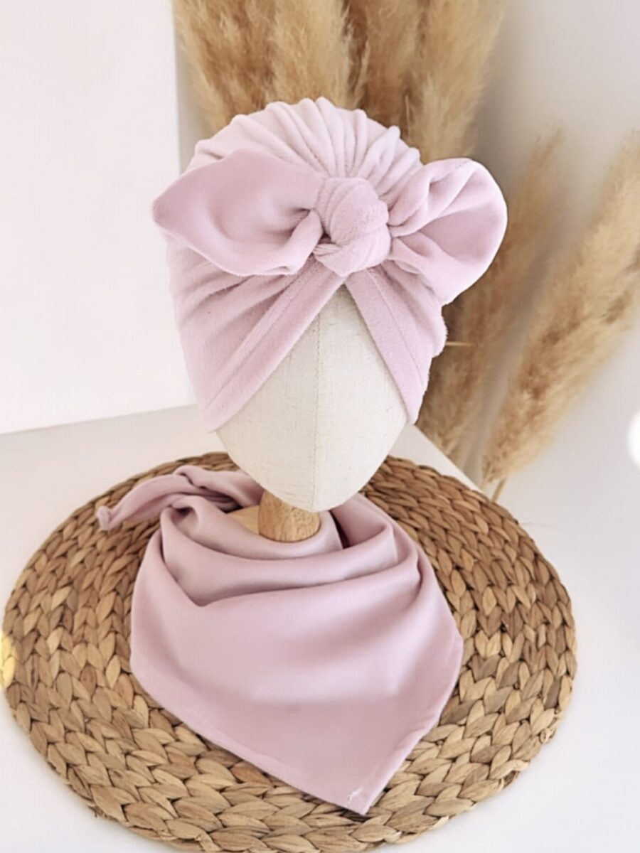 Komplet welurowy turban z kokardą i chusta (pudrowy róż)