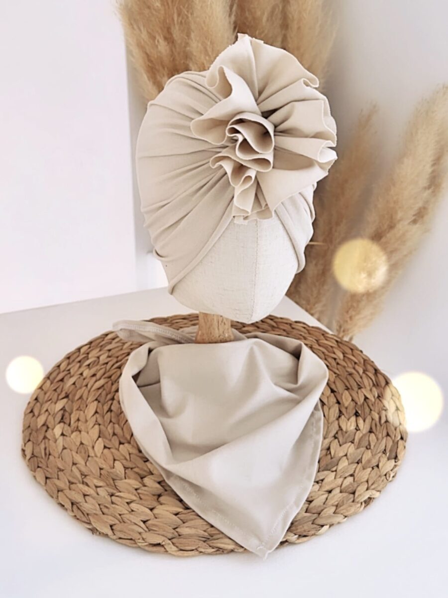 Komplet turban z falbaną i chusta (piaskowy)