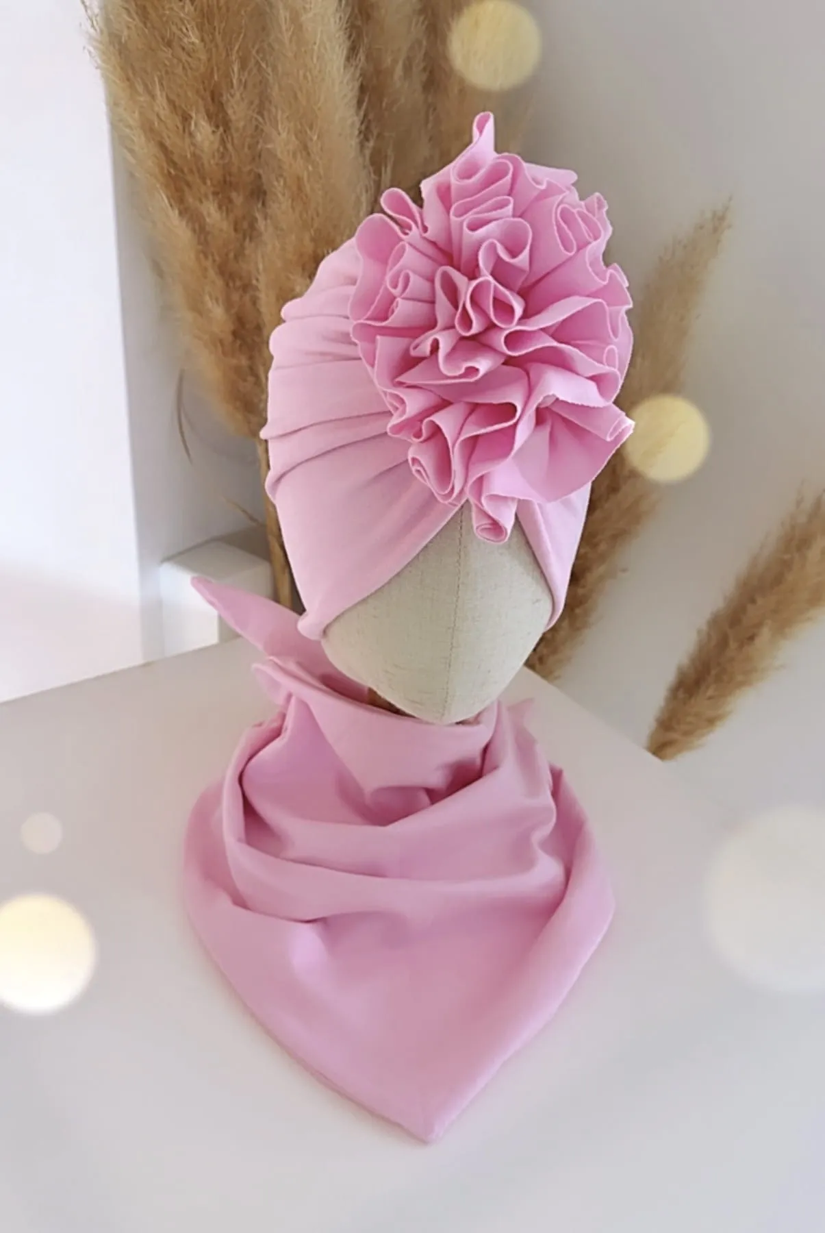 Komplet turban z falbaną i chusta (cukierkowy róż)