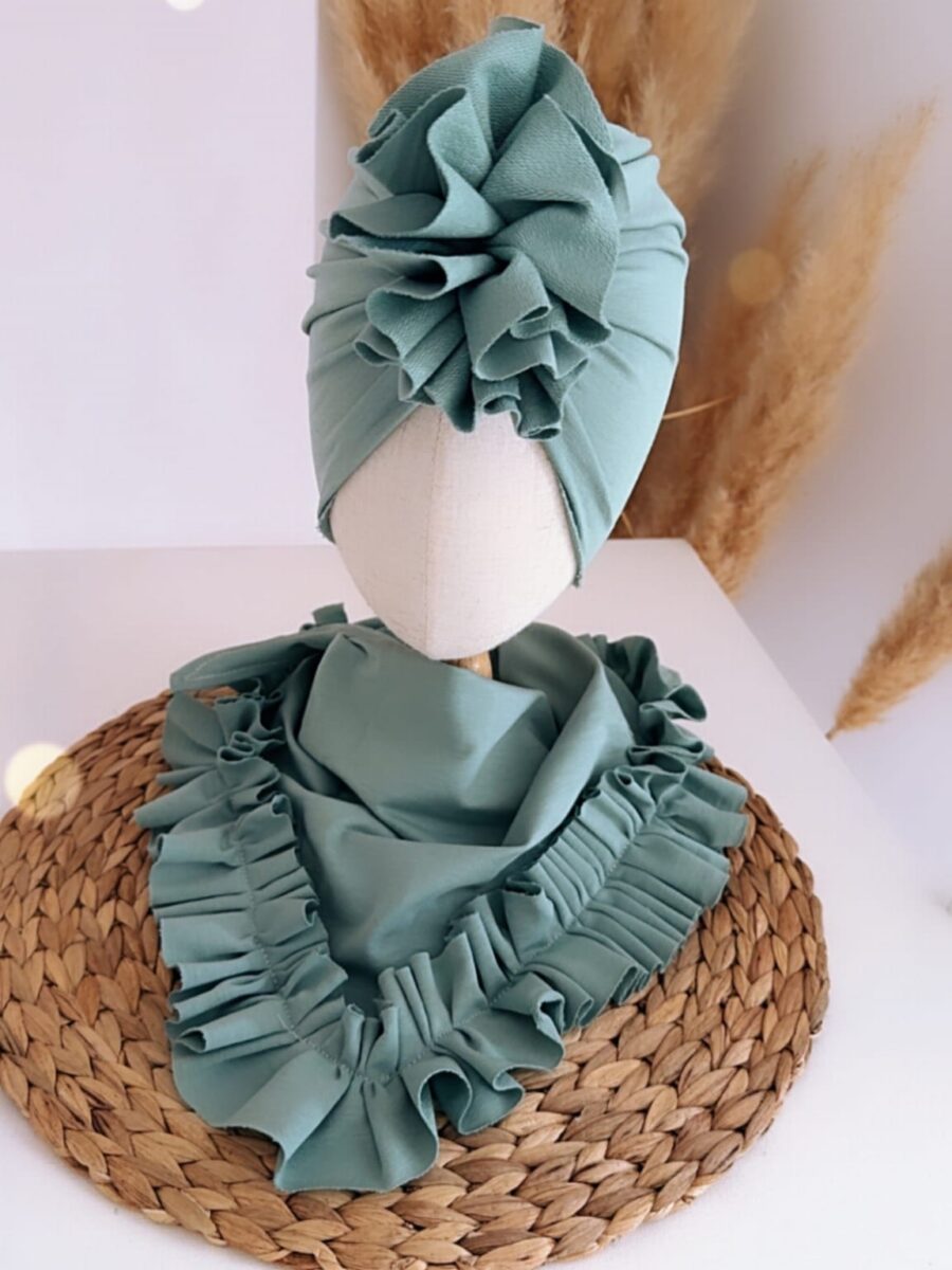 Komplet turban z falbaną i chusta z falbaną (dusty mint)