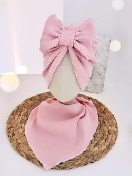 Komplet turban z kokardą i chusta (jasny róż prążek)