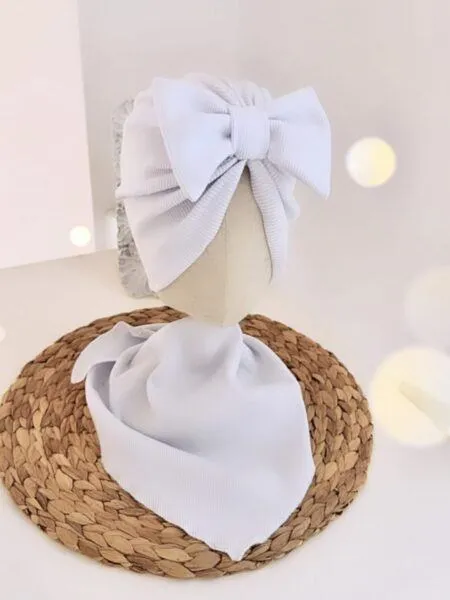 Komplet turban z kokardą i chusta (biały prążek)