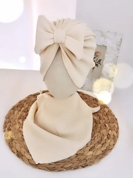 Komplet turban z kokardą i chusta (wanilia prążek)