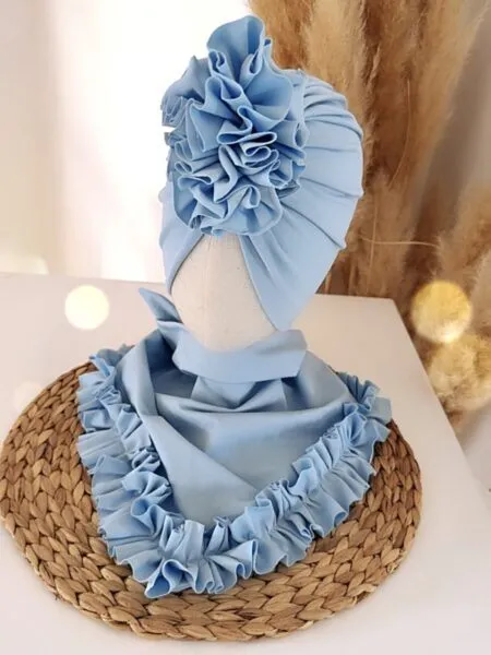 Komplet turban z falbaną i chusta z falbaną (baby blue)