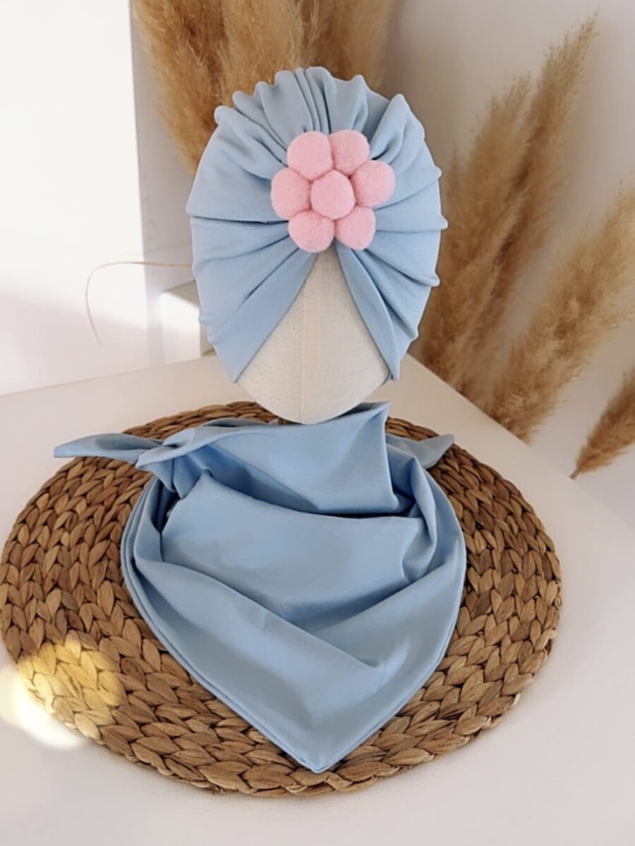 Komplet turban z kwiatuszkiem i chusta (baby blue)
