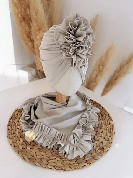 Komplet turban z falbaną i chusta z falbaną (stone)