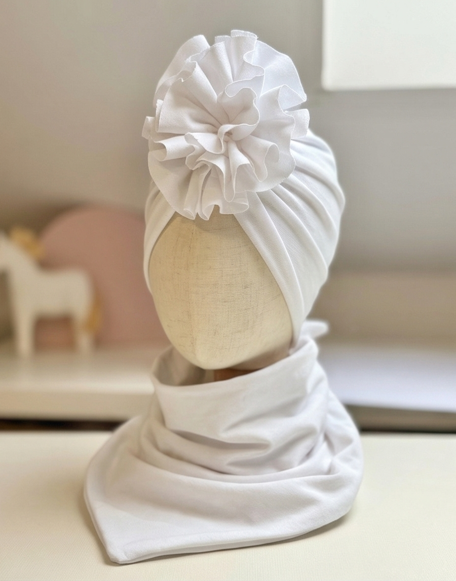 Komplet turban z falbaną i chusta (biały)