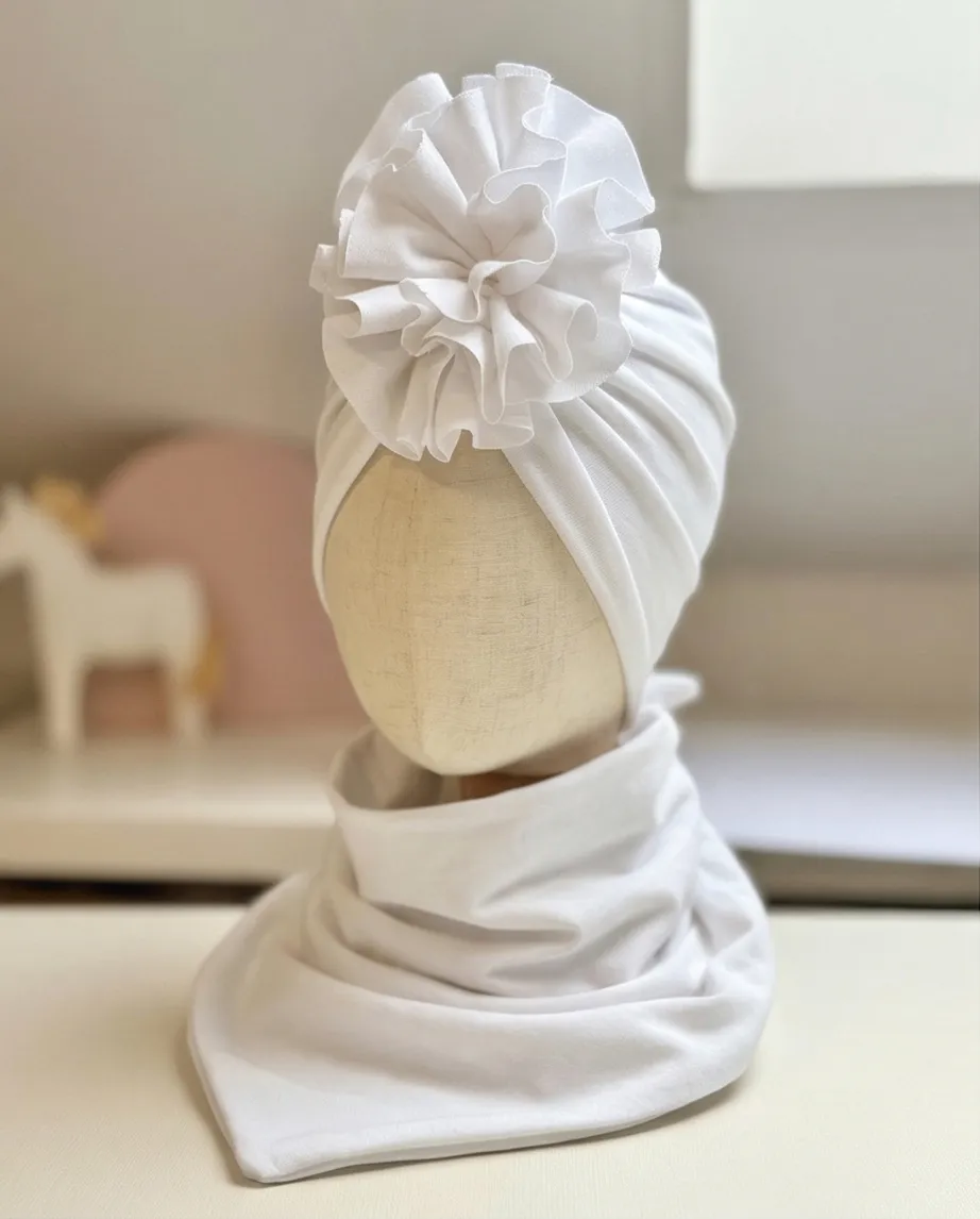 Komplet turban z falbaną i chusta (biały)