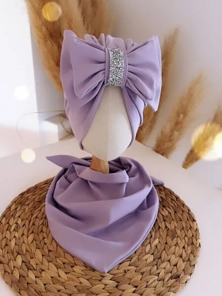 Komplet turban z podwójną kokardą i chusta (lila jasny fiolet)