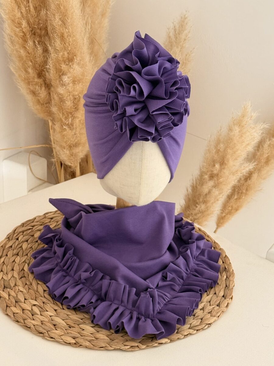 Komplet turban z falbaną i chusta z falbaną (fiolet)