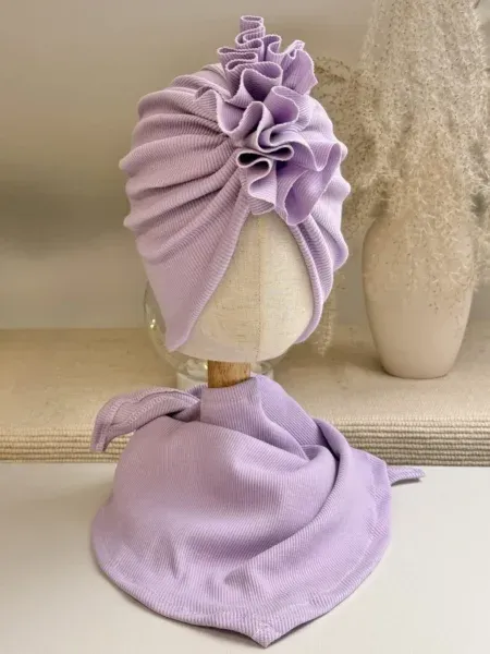 Komplet prążkowany turban z falbaną i chusta (lila)