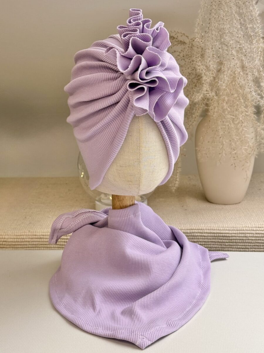 Komplet prążkowany turban z falbaną i chusta (lila)
