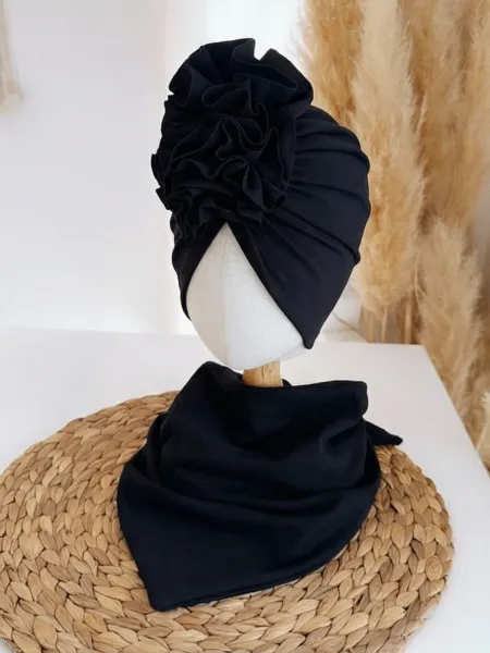 Komplet turban z falbaną i chusta (czarny)