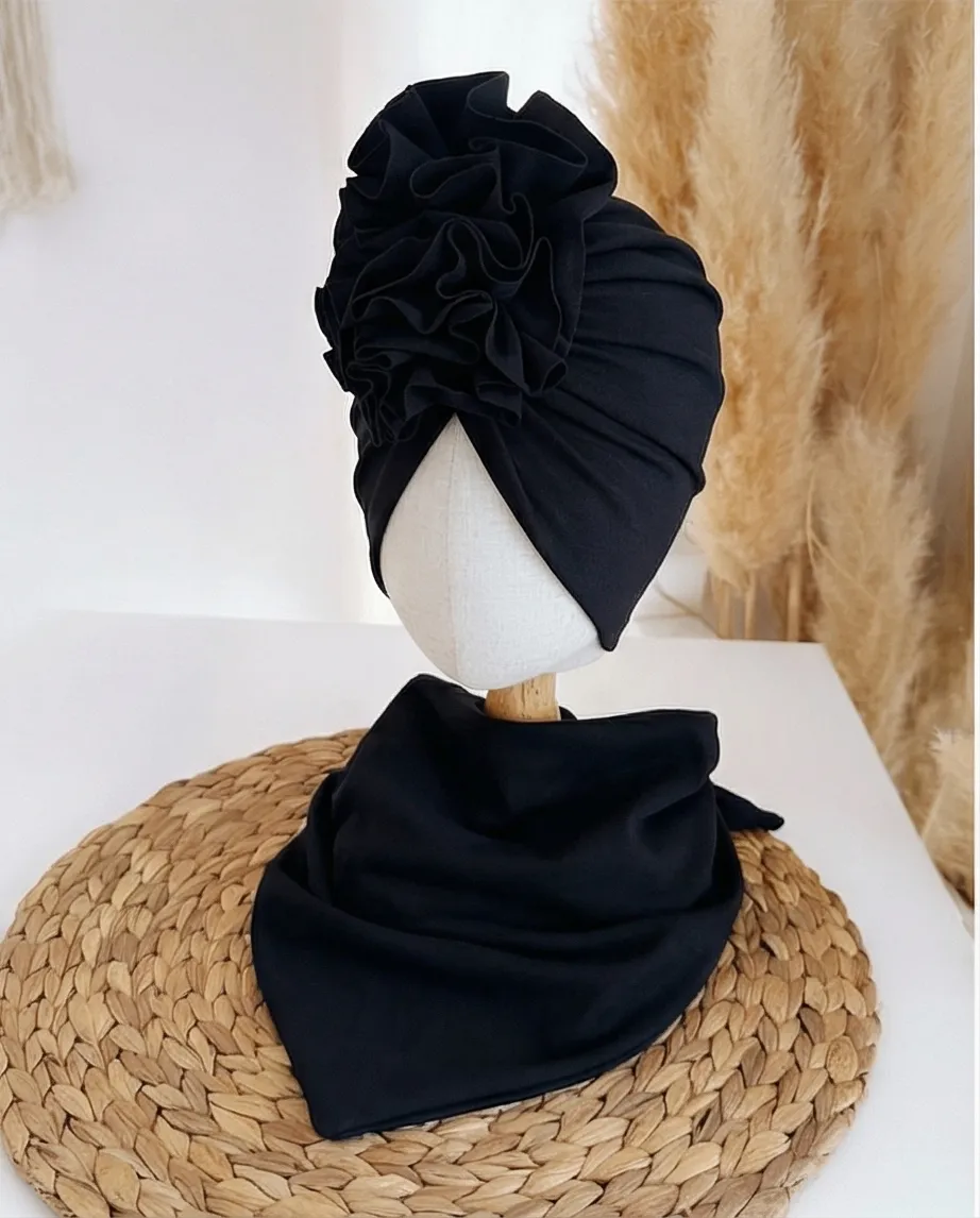 Komplet turban z falbaną i chusta (czarny)