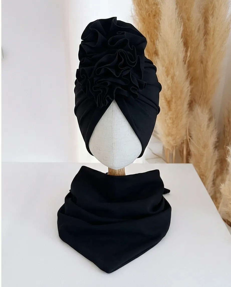 Komplet turban z falbaną i chusta (czarny) - obrazek 2