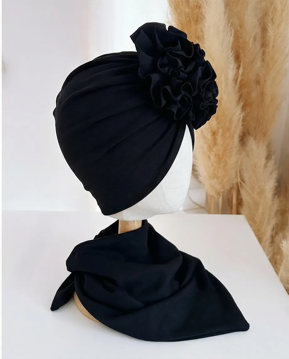 Komplet turban z falbaną i chusta (czarny) - obrazek 3