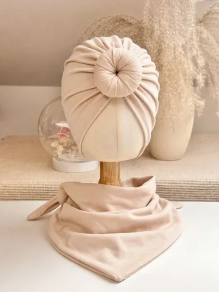 Komplet turban donut i chusta (jasny beż)