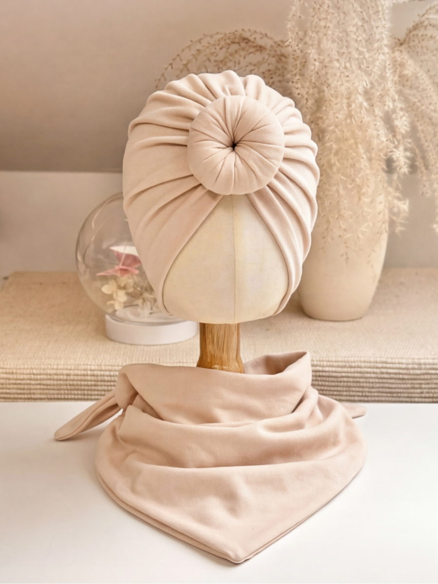 Komplet turban donut i chusta (jasny beż)