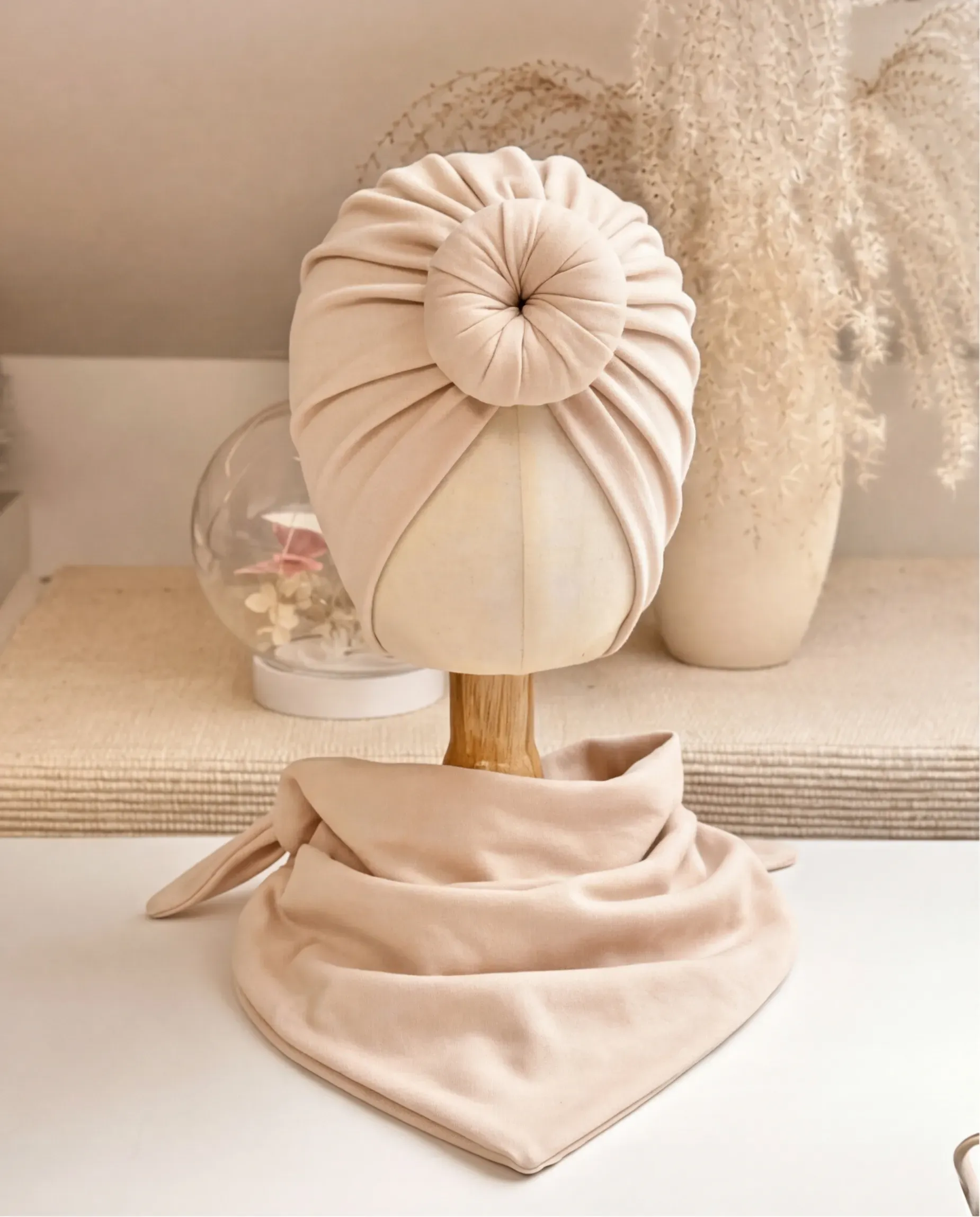 Komplet turban donut i chusta (jasny beż)
