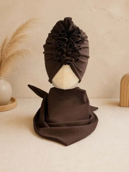 Komplet turban z falbaną i chusta (czekolada)