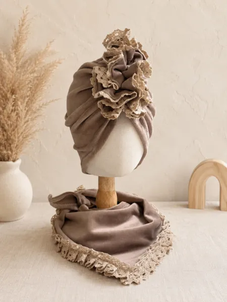 Komplet welurowy turban i chusta (latte)