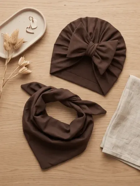 Komplet turban z kokardą i chusta (gorzka czekolada)