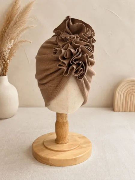 Turban dla dziewczynki prążek (latte) - podwojna dzianinka