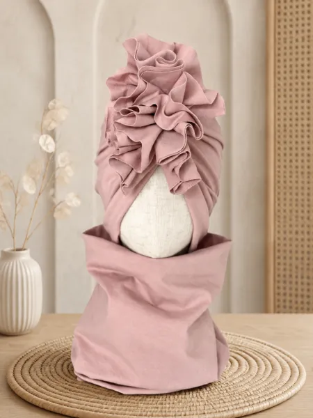 Komplet turban z falbaną i komin (pudrowy róż)