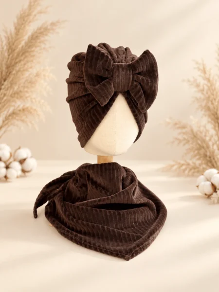 Komplet prążek welur turban z kokardą i chusta (choco)