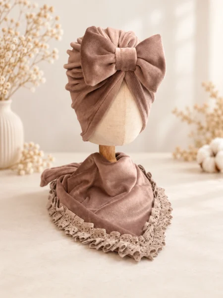 Komplet welurowy turban i chusta koronka (mocca)