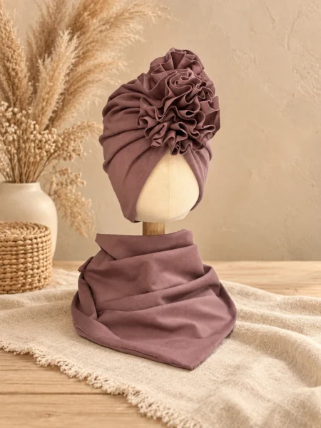 Komplet turban z falbaną i chusta (śliwka)