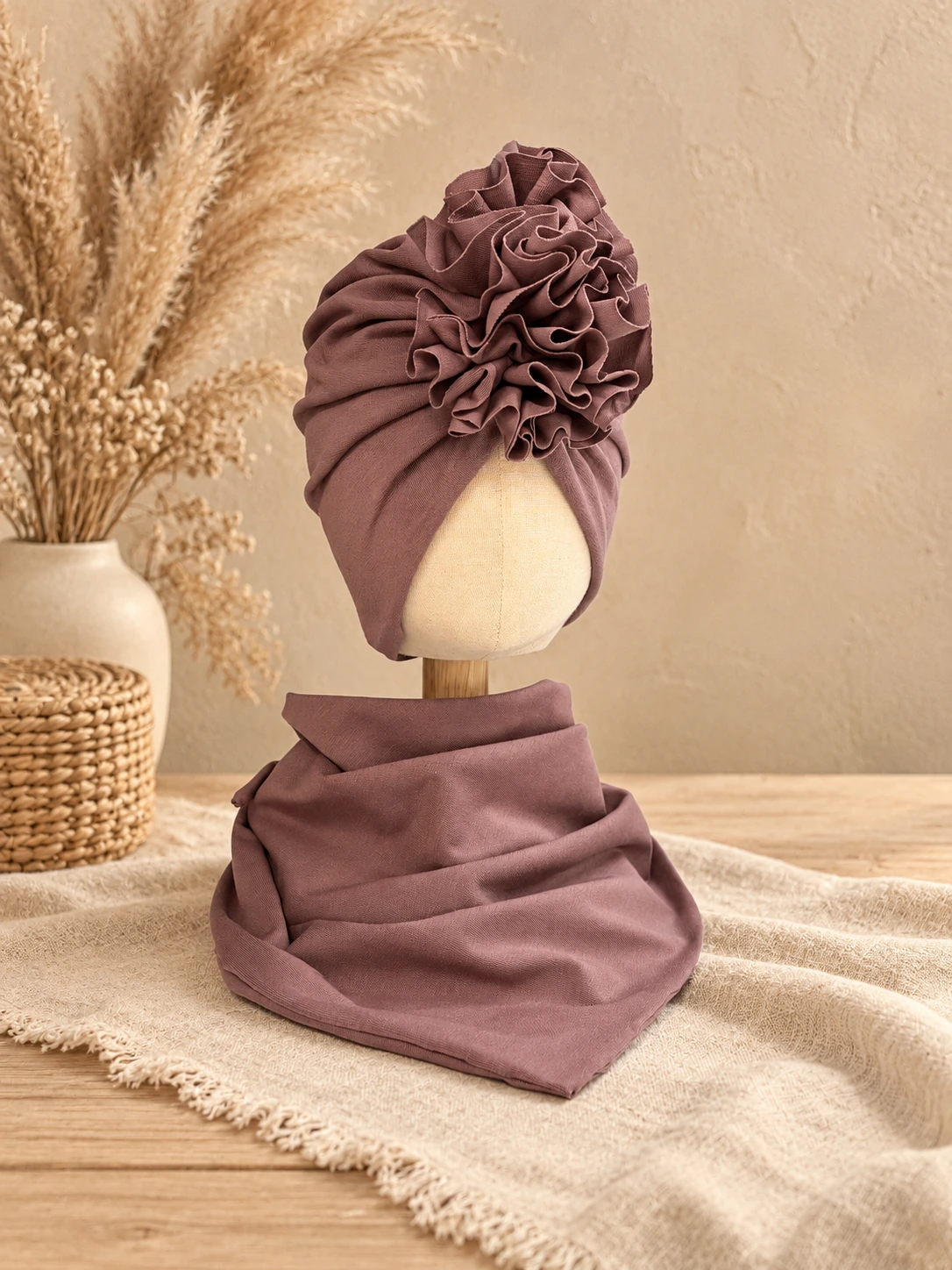 Komplet turban z falbaną i chusta (śliwka)