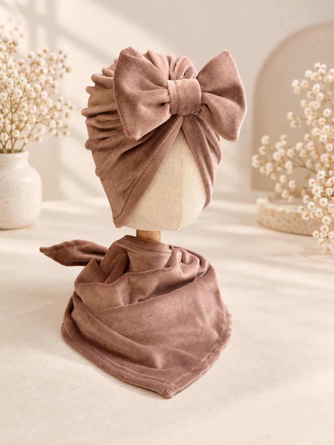 Komplet welurowy turban i chusta (mocca)