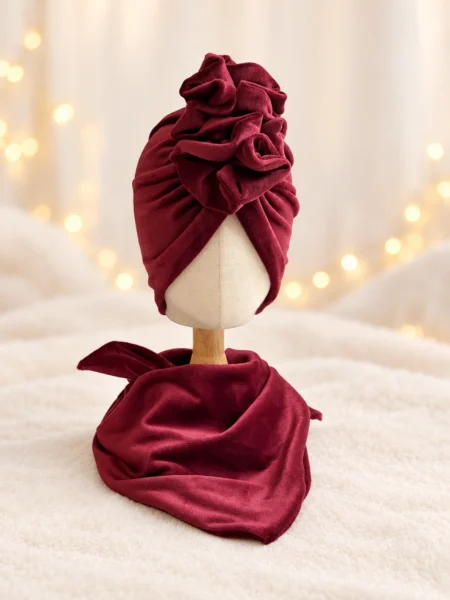 Komplet zimowy welurowy turban z falbaną i chusta (burgund)