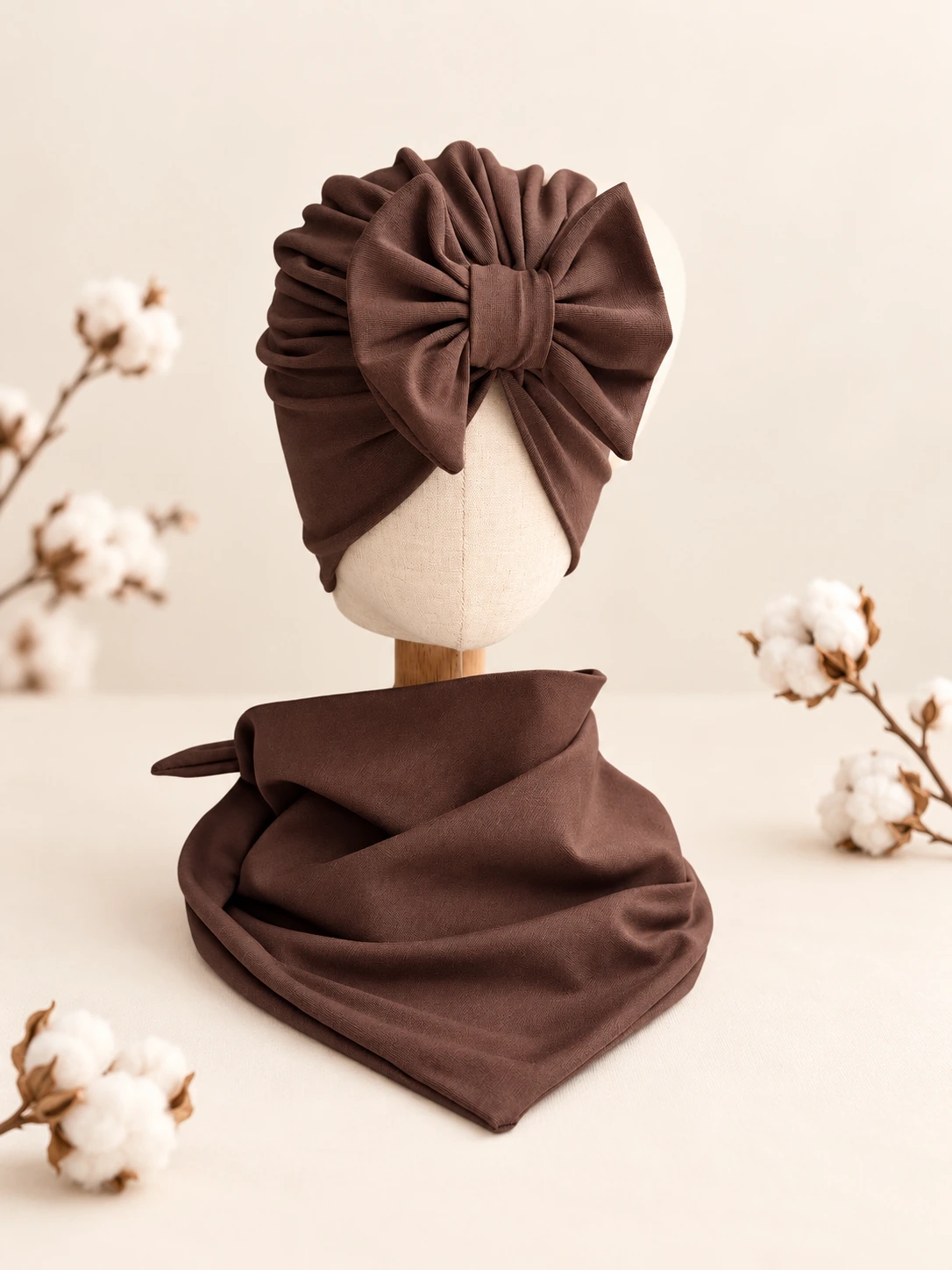 Komplet turban z kokardą i chusta (mleczna czekolada) - obrazek 3
