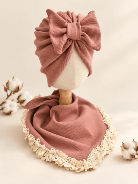 Komplet prążek turban i chusta (stary róż)