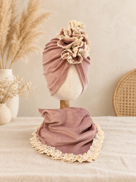 Komplet welurowy turban i chusta (pudrowy róż)