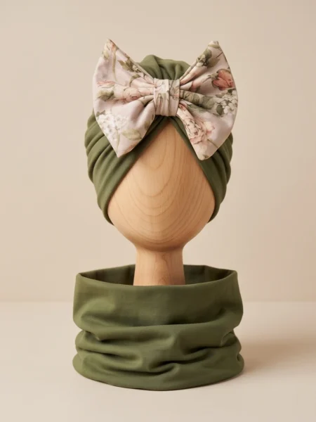 Komplet turban z kokardą i komin (khaki)