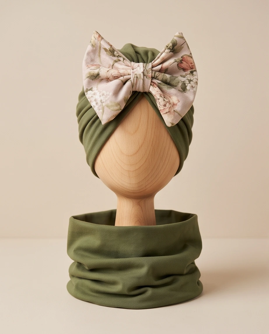 Komplet turban z kokardą i komin (khaki)