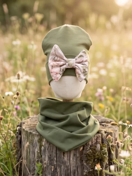 Komplet czapka z kokardą i chusta (khaki)