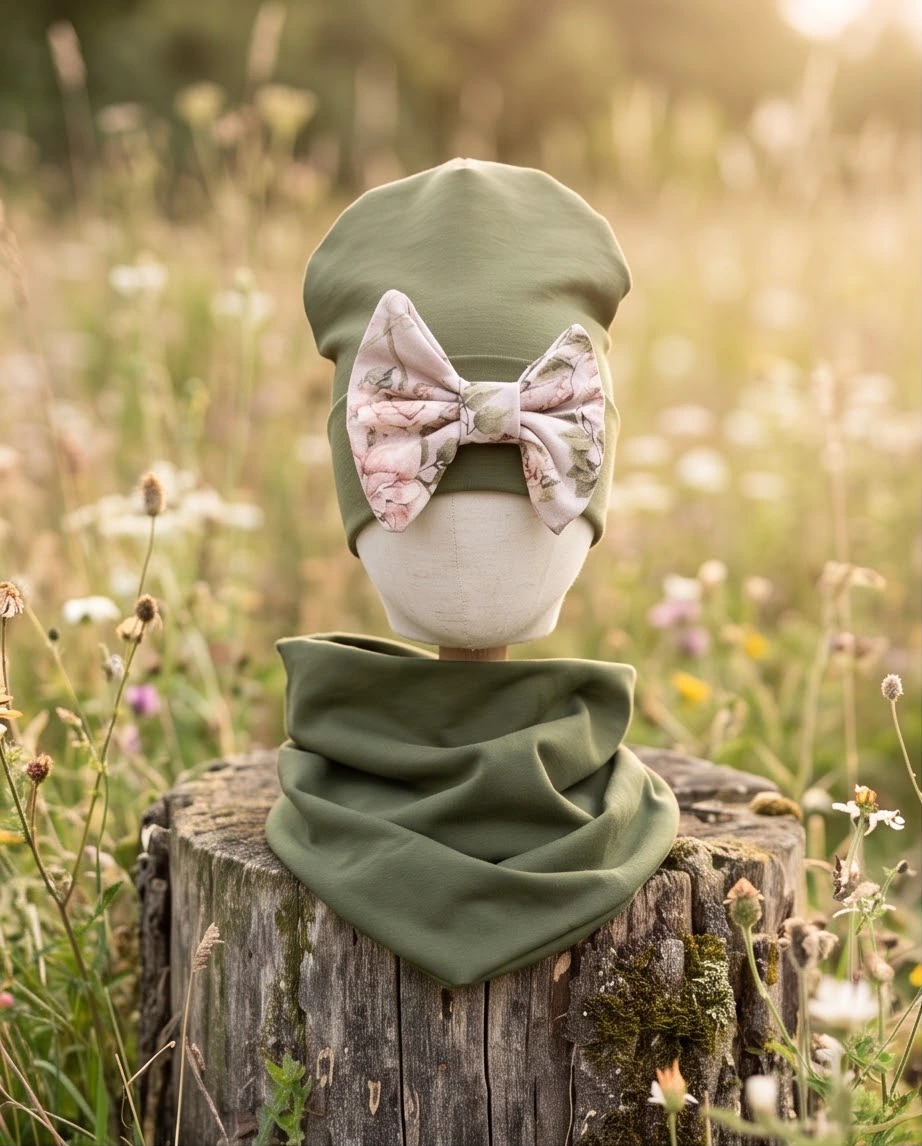 Komplet czapka z kokardą i chusta (khaki)