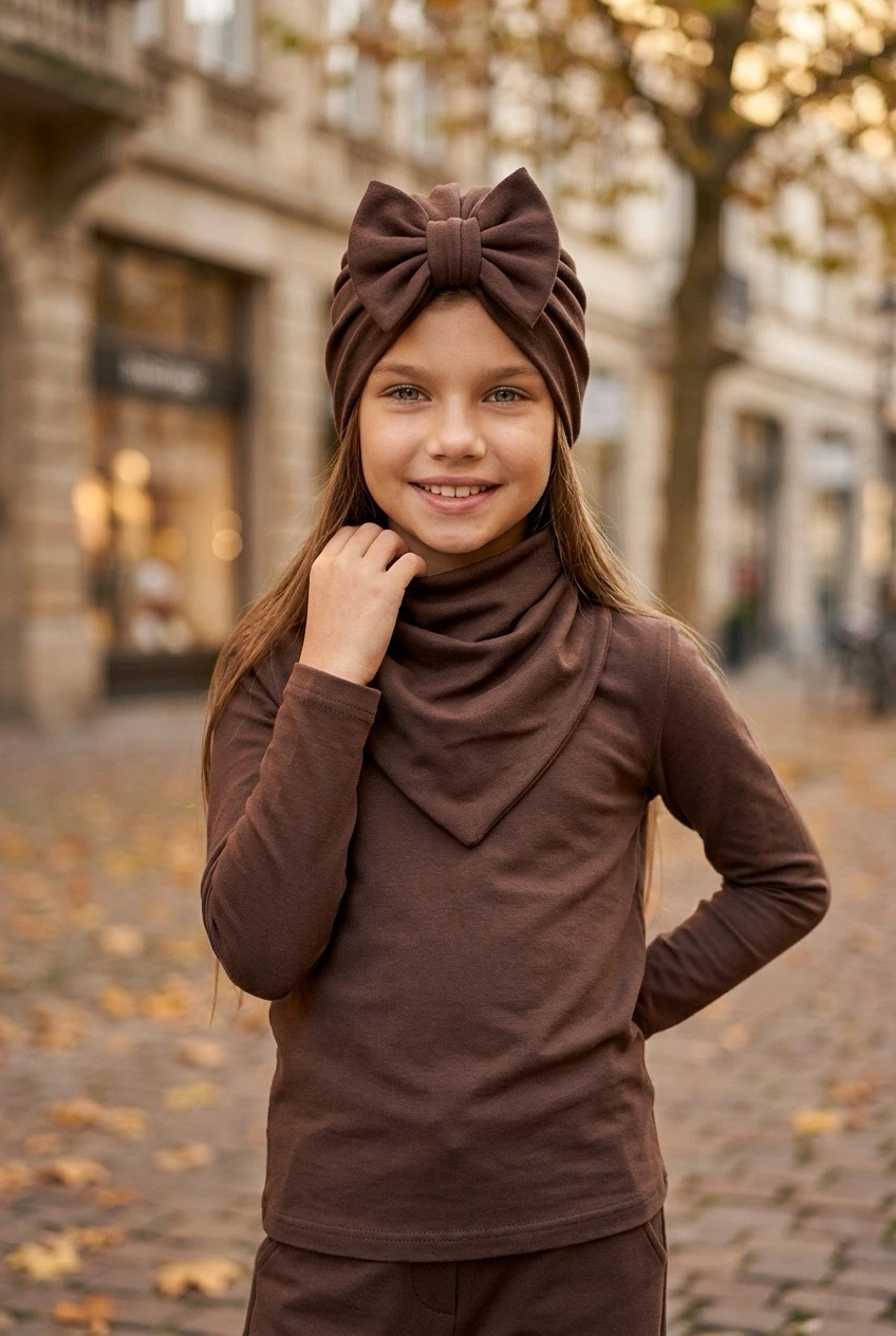 Komplet turban z kokardą i chusta (mleczna czekolada) - obrazek 2